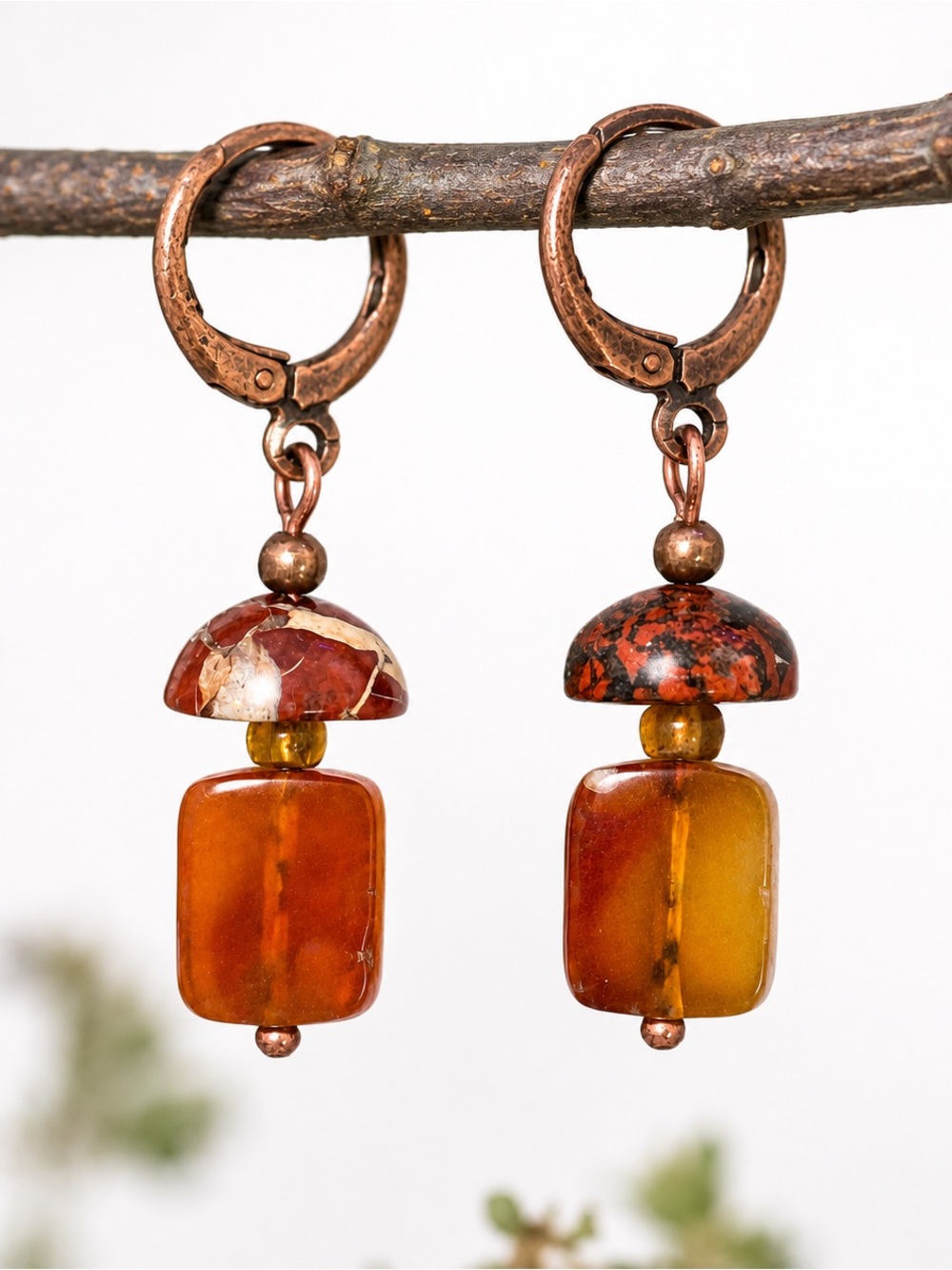 Handmade Amber Mushroom Earrings, Copper Leverbacks, Cottagecore Jewelry